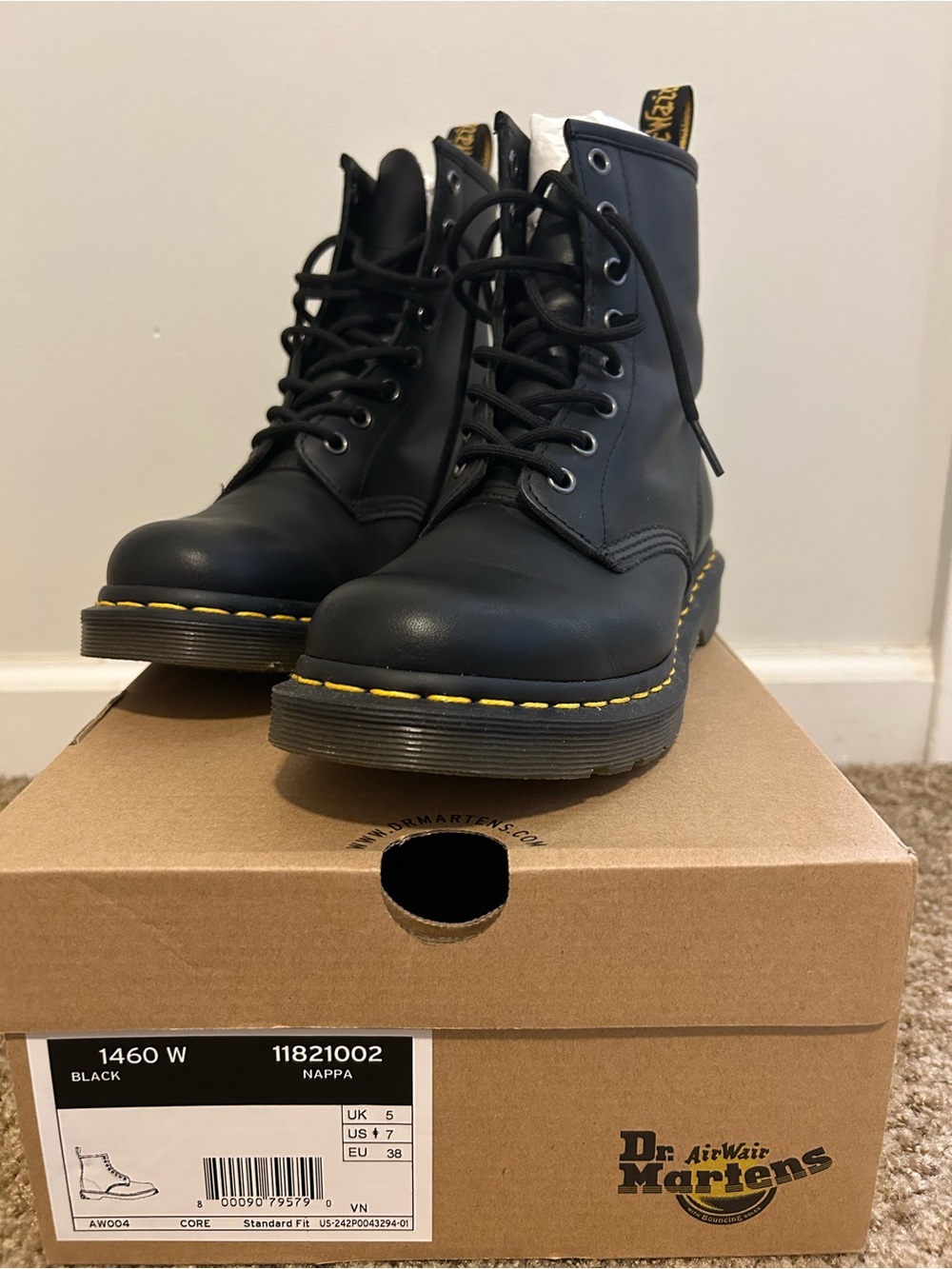 Dr. Martens Black Lace-Up Leather Boots with Yellow Stitching